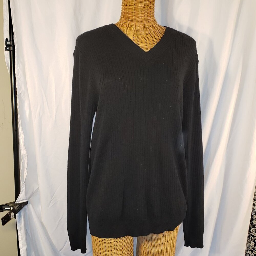Murano's Men's Black V-Neck Ribbed Long Sleeve Pullover Sweater - L